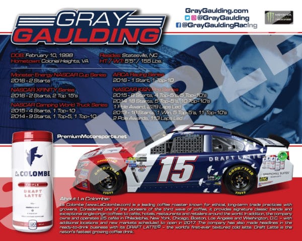 2017 Gray Gaulding Hero Card La Colombe NASCAR Back