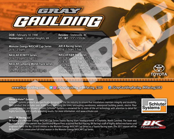 2017 Gray Gaulding Hero Card Schluter NASCAR Back