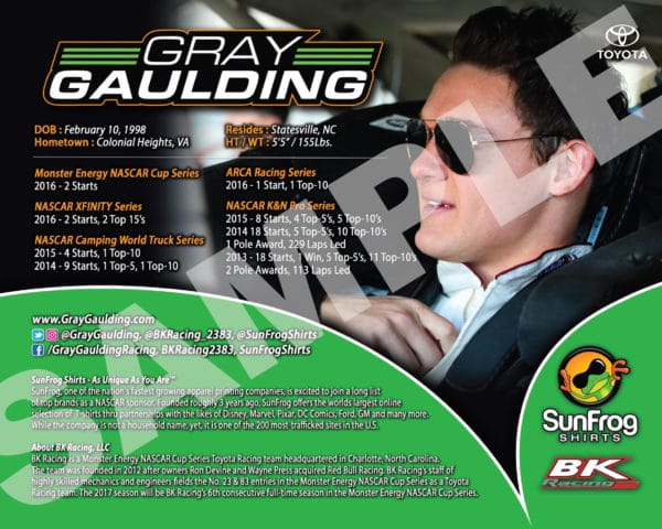 2017 Gray Gaulding Hero Card Sun Frog NASCAR Back