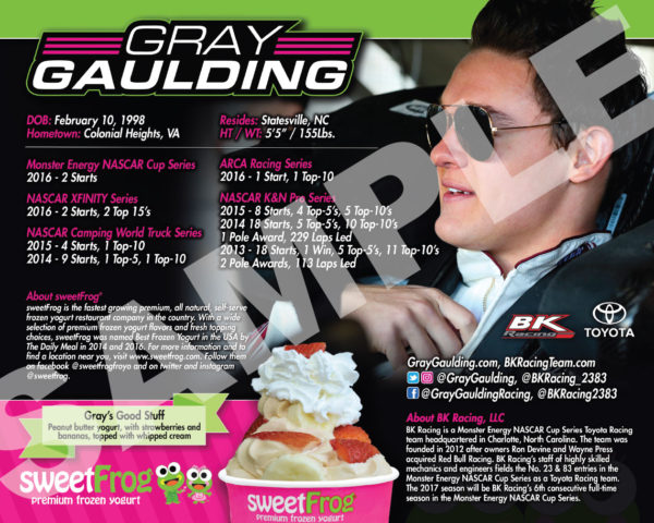 2017 Gray Gaulding Hero Card Sweet Frog NASCAR Back