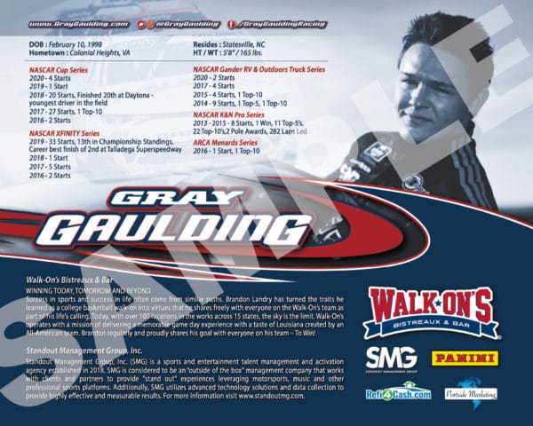 2020 Gray Gaulding Hero Card Walk-On's NASCAR Racing