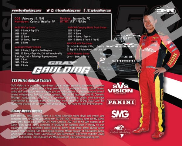 2021 Gray Gaulding SVS Vision Hero Card NASCAR Back
